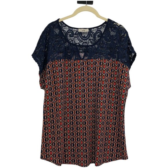 Ivy Ridge Two Tone Lace-Top Keyhole Neckline Short Sleeve Blouse size ~L - Picture 1 of 14
